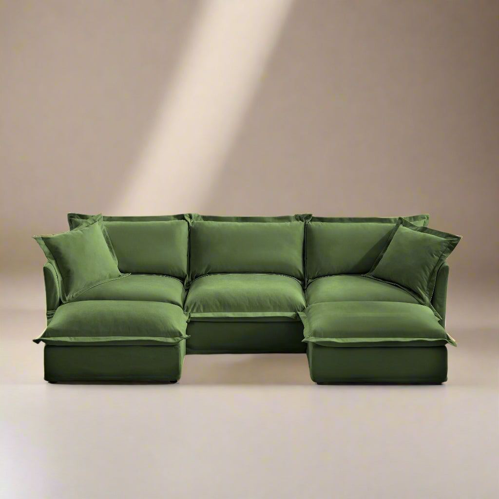 Fluffy 3-Seat Modular Sofa in Chenille Olive with 2 ottomans #OttOnly_2 #Fabric_Chenille Olive