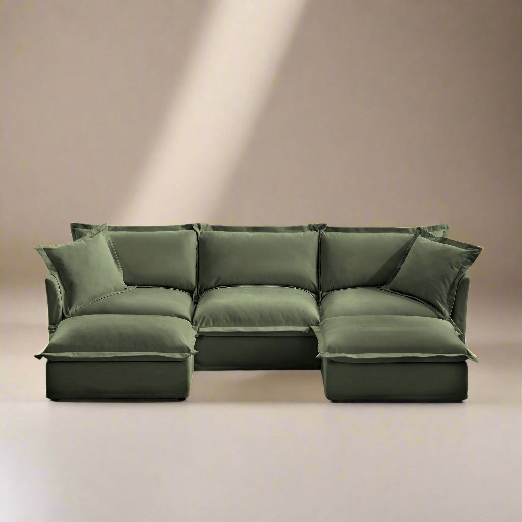 Fluffy 3-Seat Modular Sofa in Chenille Olive with 2 ottomans #OttOnly_2 #Fabric_Chenille Olive