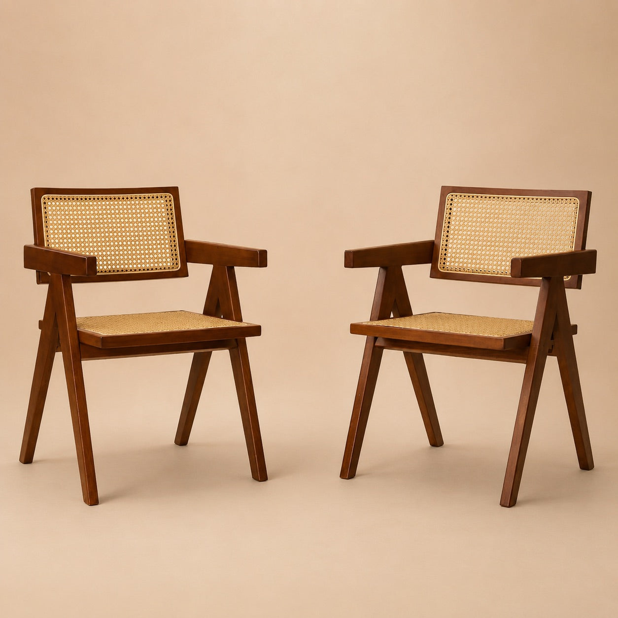 Rattan Dining Chairs – Set of 2, Solid Wood & Walnut Stain