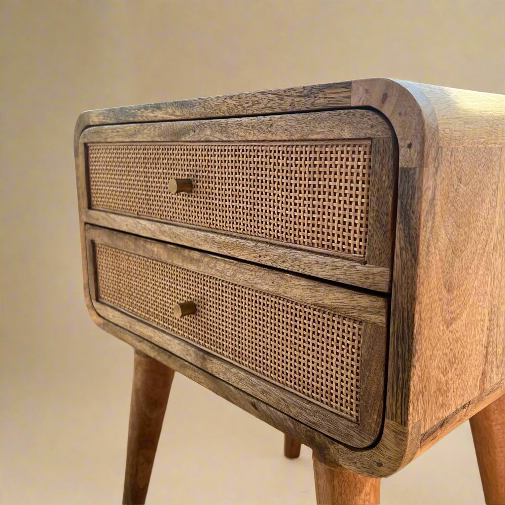 solid wood two drawer rattan accent nightstand 