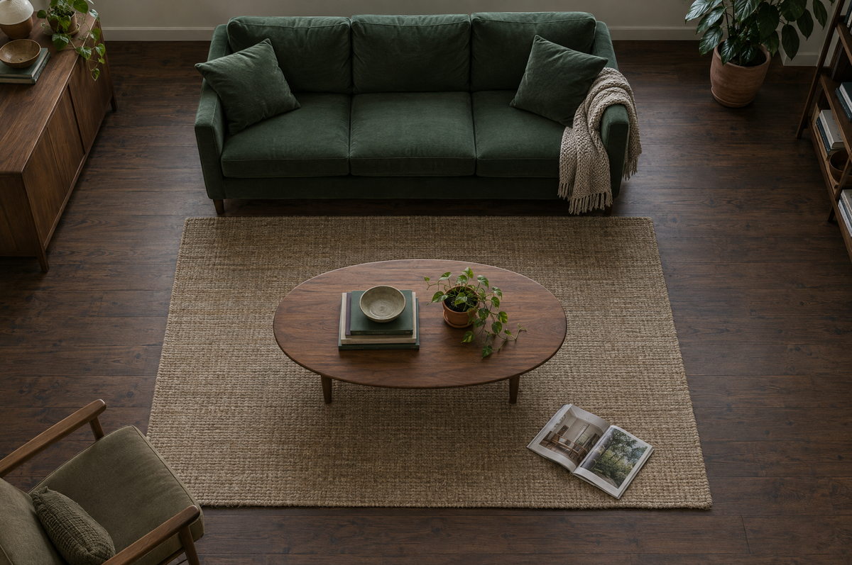 Overhead view of a walnut oval coffee table on a rug in front of a deep green sofa, showing the open floor gap on all sides