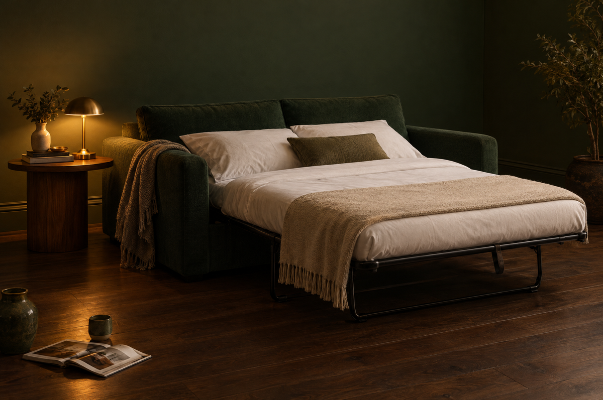 A deep green convertible sleeper sofa in a corner of a living room at night, its pull-out bed partly extended and made up with white bedding, beside a walnut side table with a brass lamp on a dark stained wood floor.