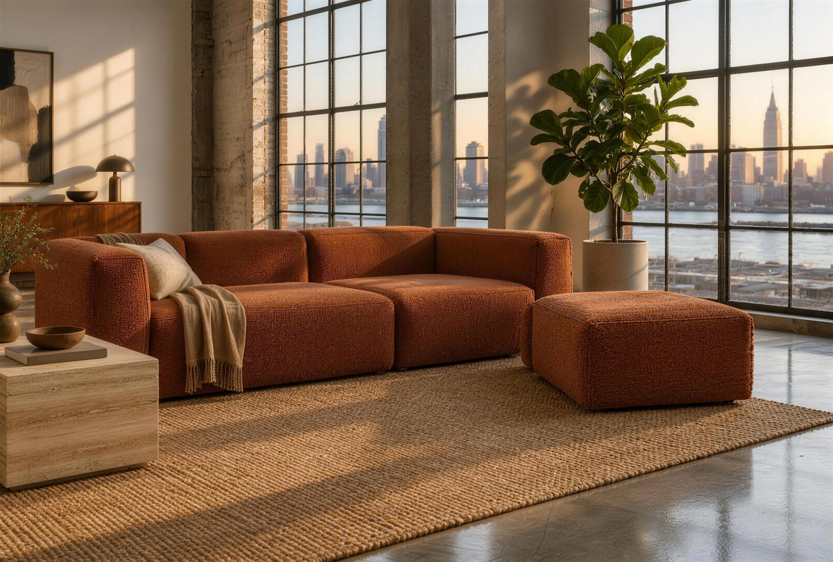 A loft living room with a low rust boucle modular sofa, one corner module pulled slightly apart to show how the separate pieces fit together, on a jute rug in late afternoon light.