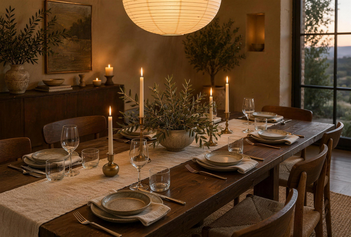 A dark walnut dining table set for dinner with a linen runner, a low centerpiece of olive branches, brass taper candles and stoneware place settings, in a warm clay-walled room at dusk.
