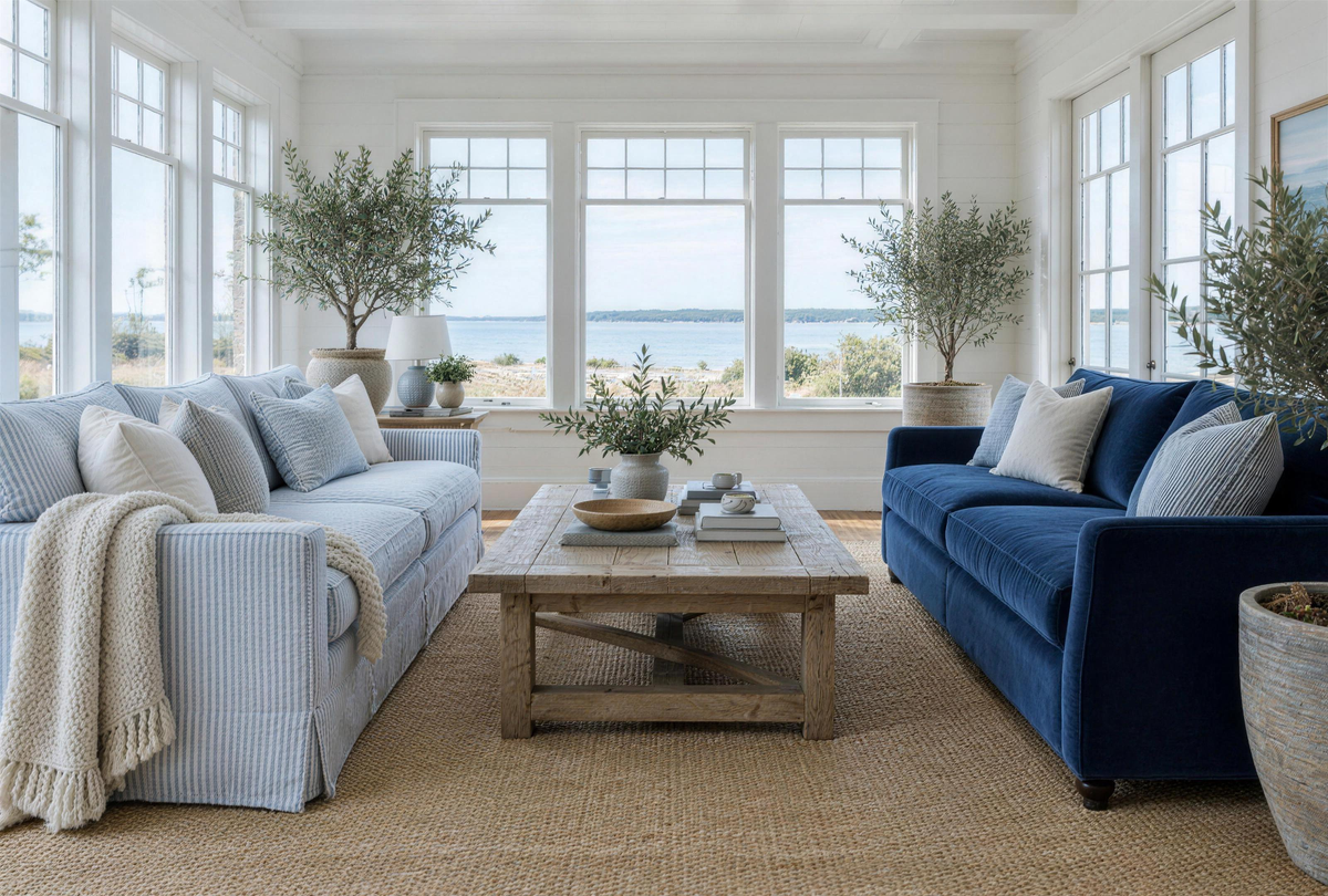A bright sunroom with a relaxed slipcovered couch in blue ticking stripe facing a tailored navy velvet sofa across a weathered oak coffee table.
