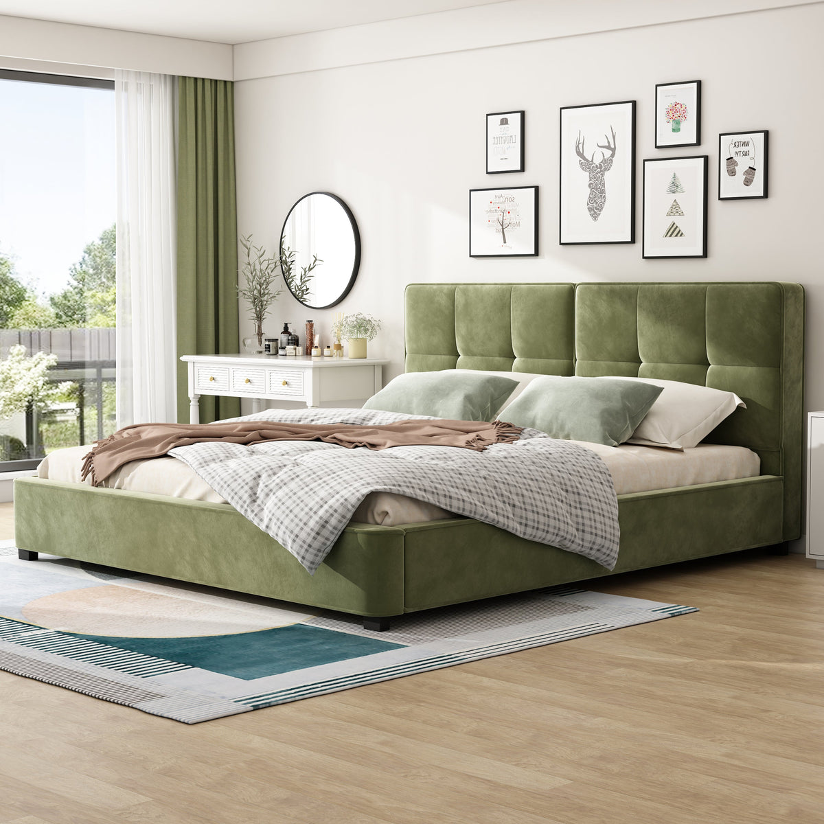 Olive green velvet king bed frame in a bright bedroom