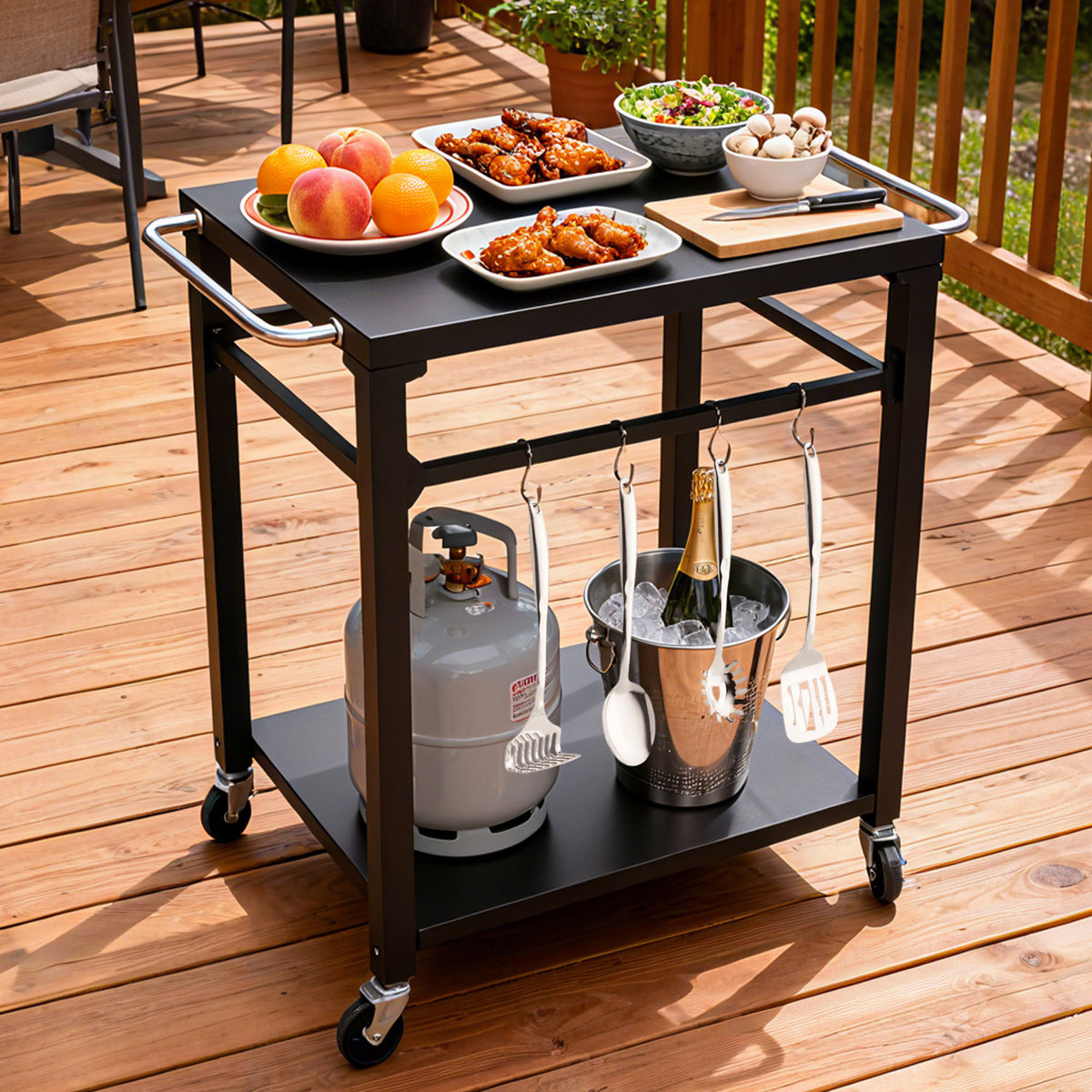 Black Metal Grill Cart with Wheels