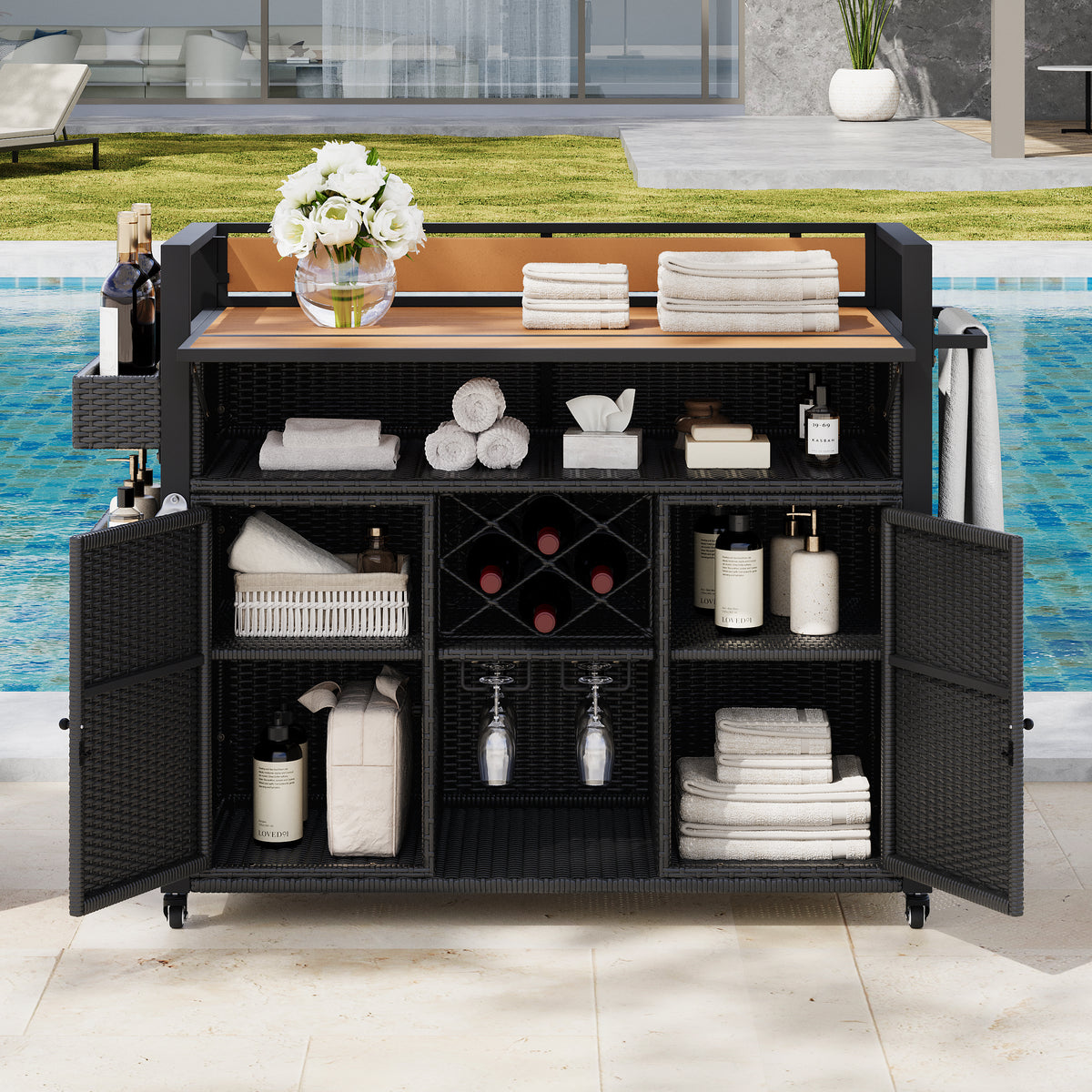 Wicker Grill Cart with Wheels, 41.5 in Tall