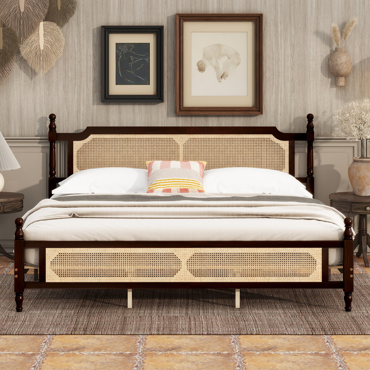 King Bed Frame with Rattan Headboard, Espresso Pine
