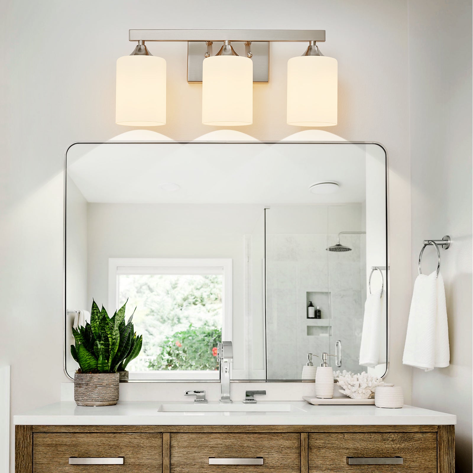 Vanity Light, 3-Light Iron, Glass Shade, Silver