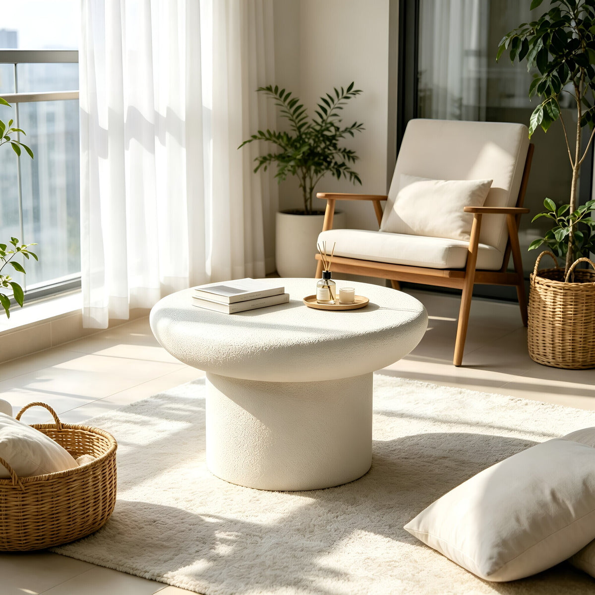 Cream Textured Fiberglass Round Mushroom Coffee Table, 31.5 in