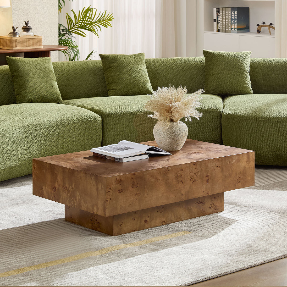 Walnut Burl Wood Rectangular Pedestal Coffee Table, 43.3 in