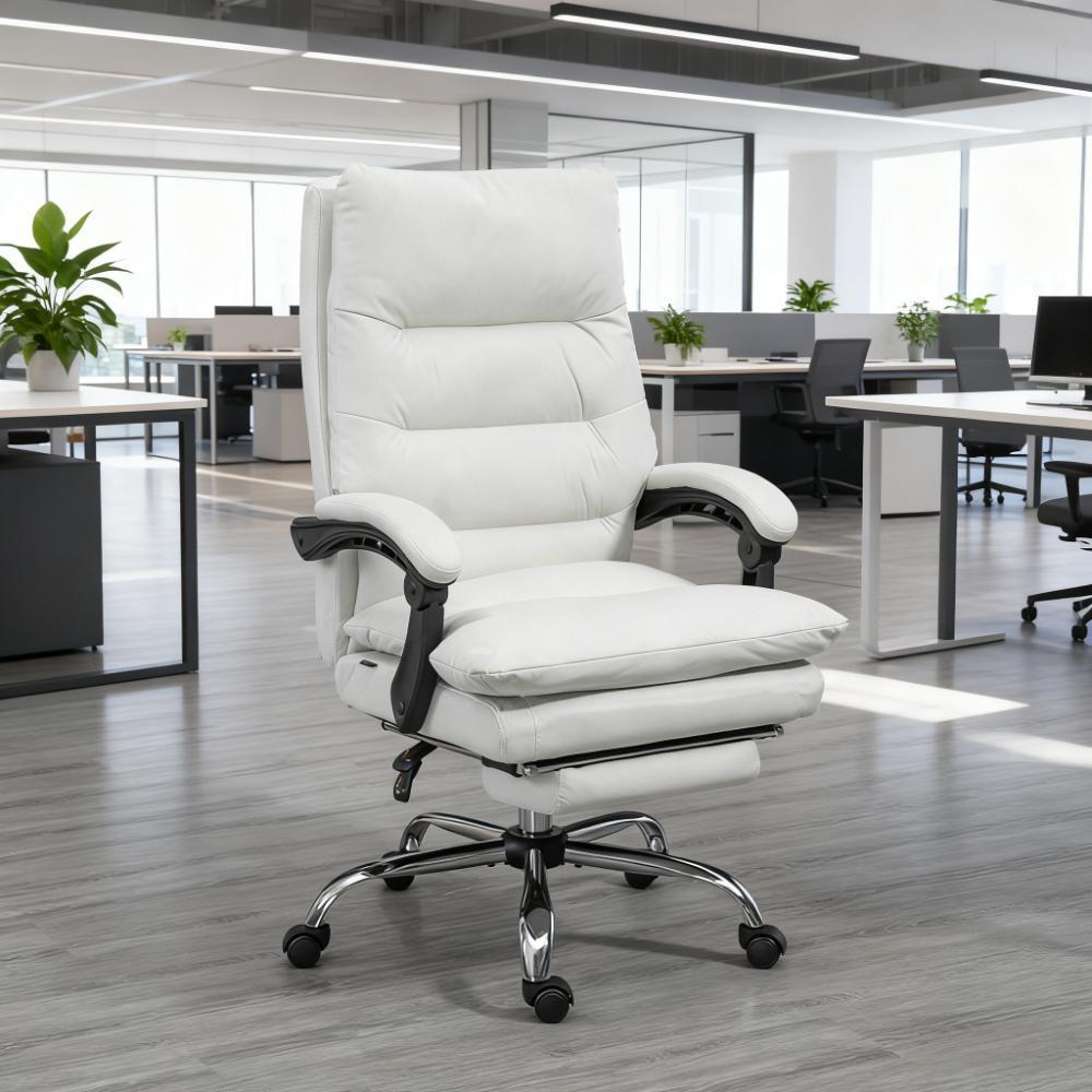 Cream White Fabric Office Chair, Massage, Reclining, 265 lb
