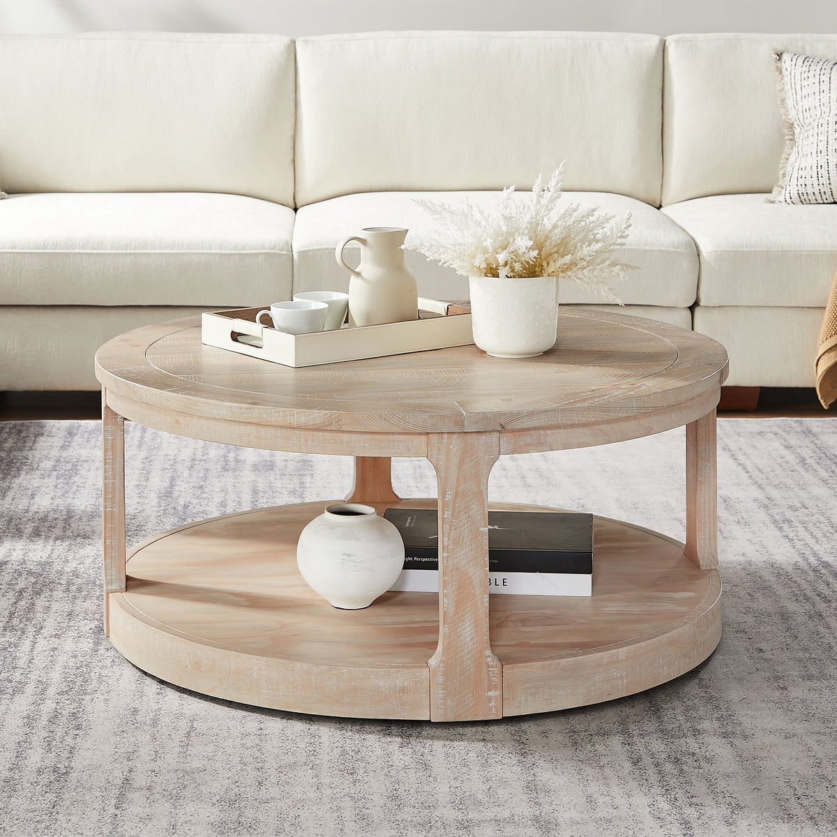 Oak Rustic Round Coffee Table with Shelf, 40 in
