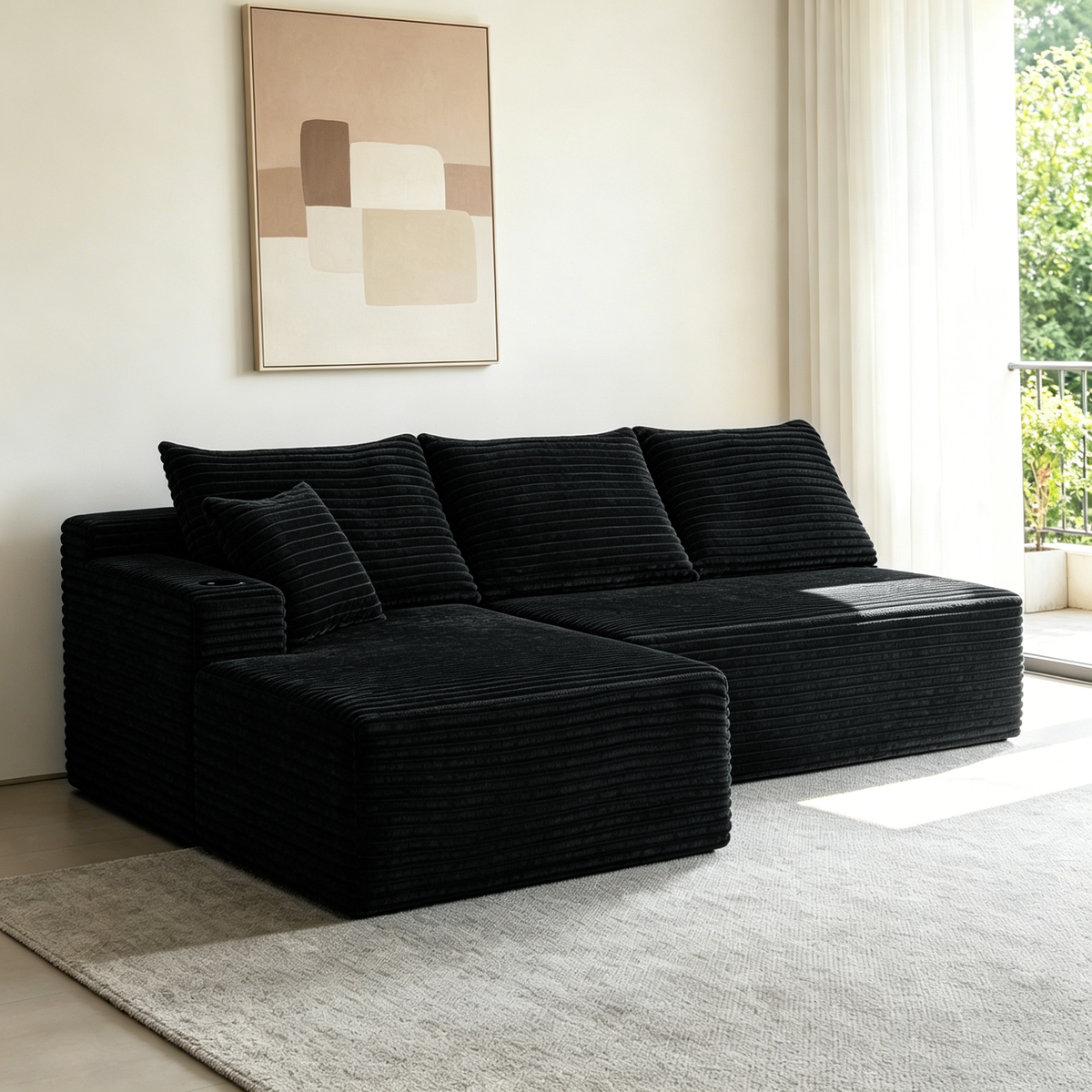 Black L-Shaped Modular Sectional with Chaise, 96 in Wide, Left-Facing