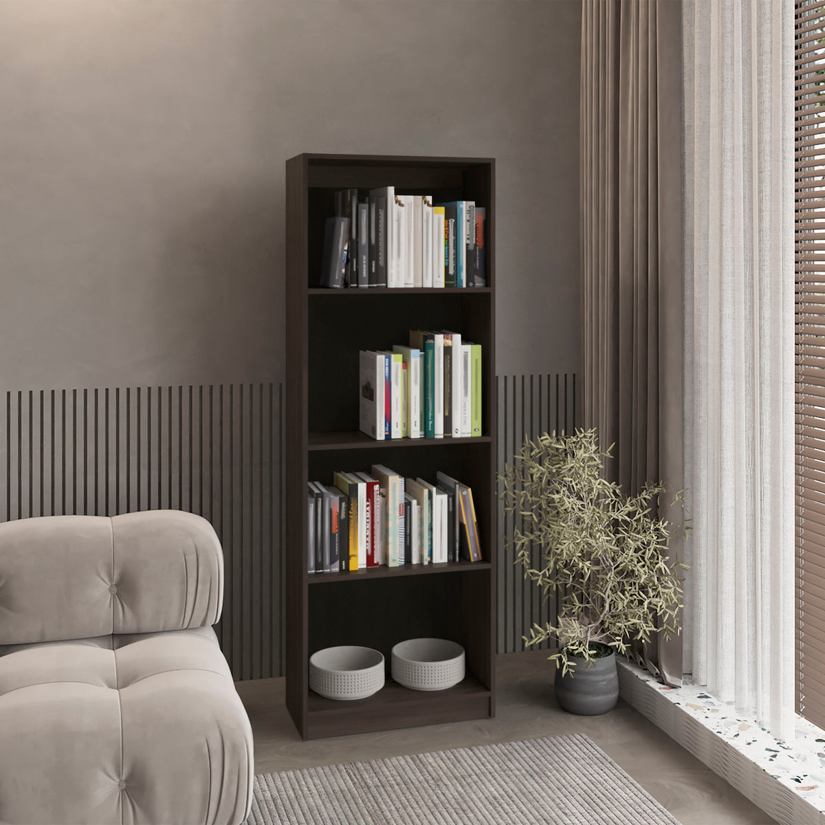 Bookcase, 4 Shelves, 71.1 in Tall, Walnut