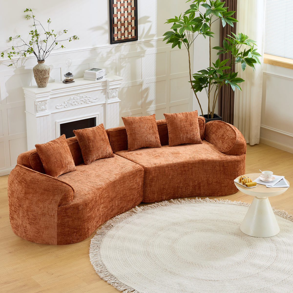 Orange Chenille 4-Seat Curved Sofa, No Assembly, 109.5 in Wide