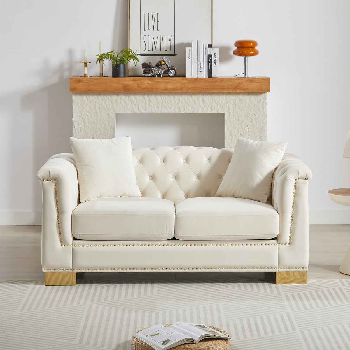 Beige Velvet 2-Seat Tufted Chesterfield Sofa, 62 in Wide