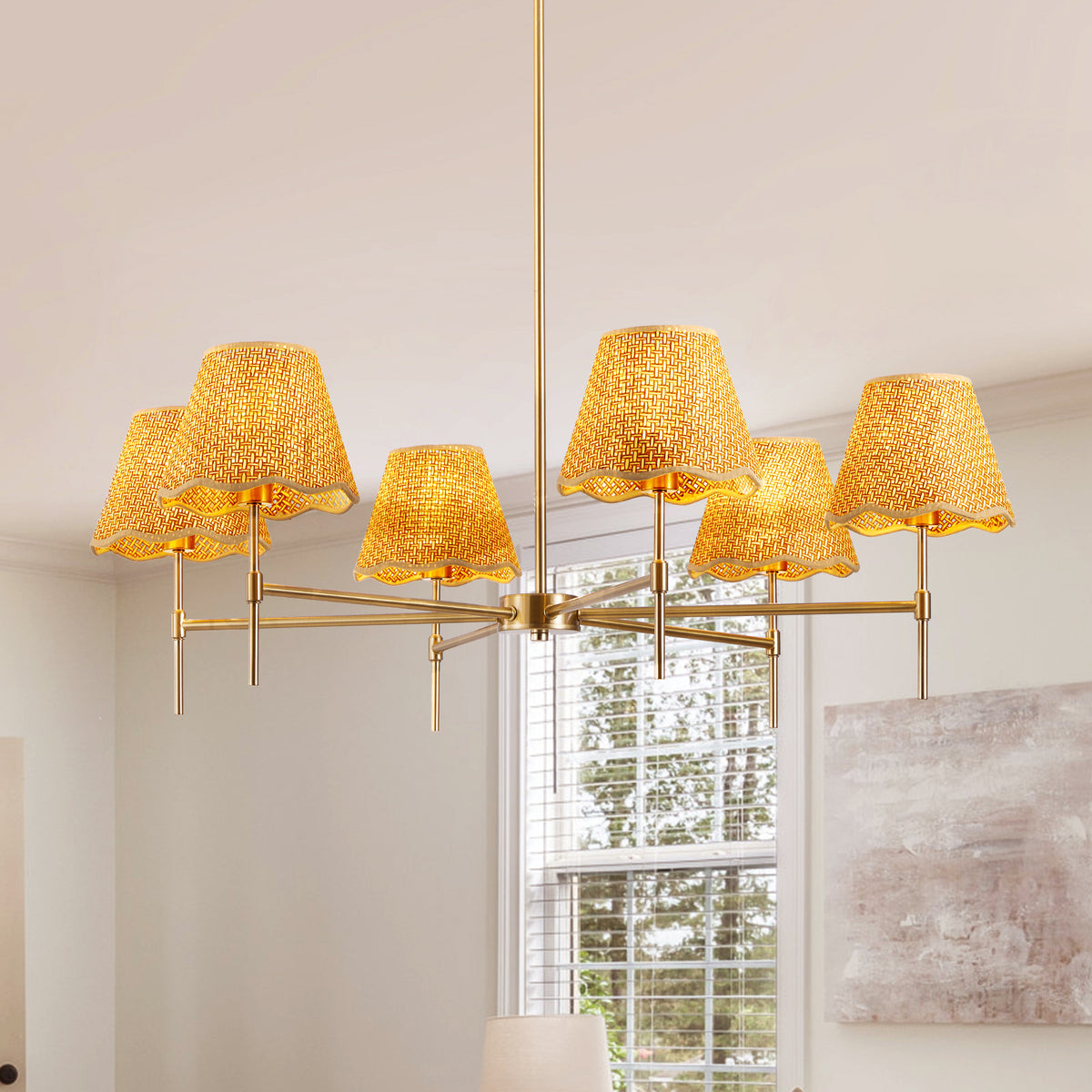 Industrial 6-Light Dimmable Chandelier, 37 in, 100% Natural Rattan Shade