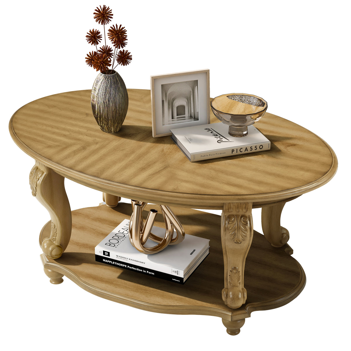 Natural Carved Oval Coffee Table with Shelf, 42 in