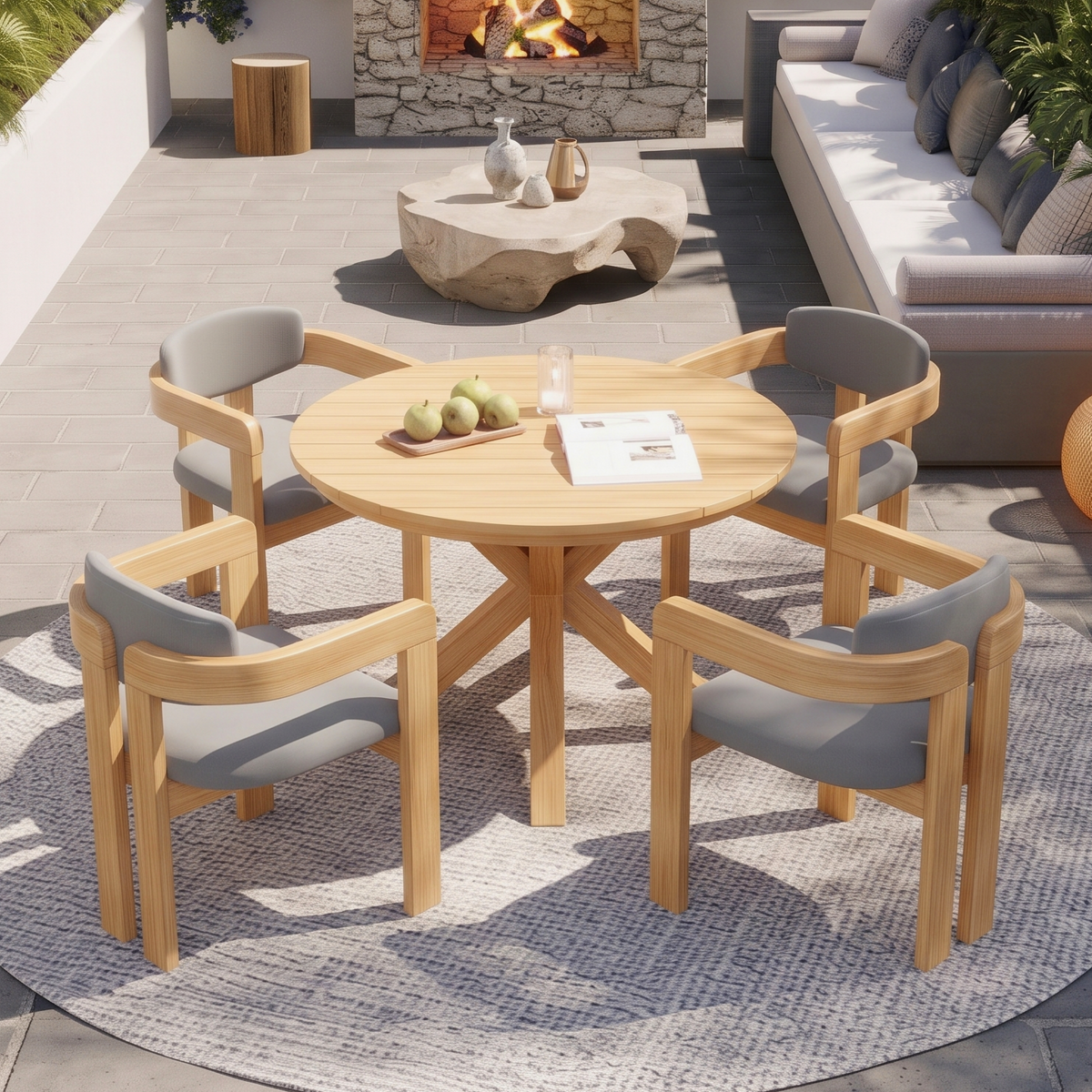 Solid Wood 5-Piece Patio Dining Set for 4 with Gray Cushions