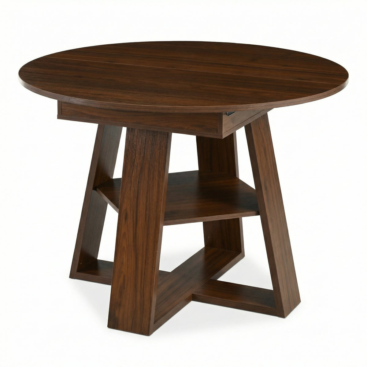 Angled studio view of the walnut round dining table on a white background