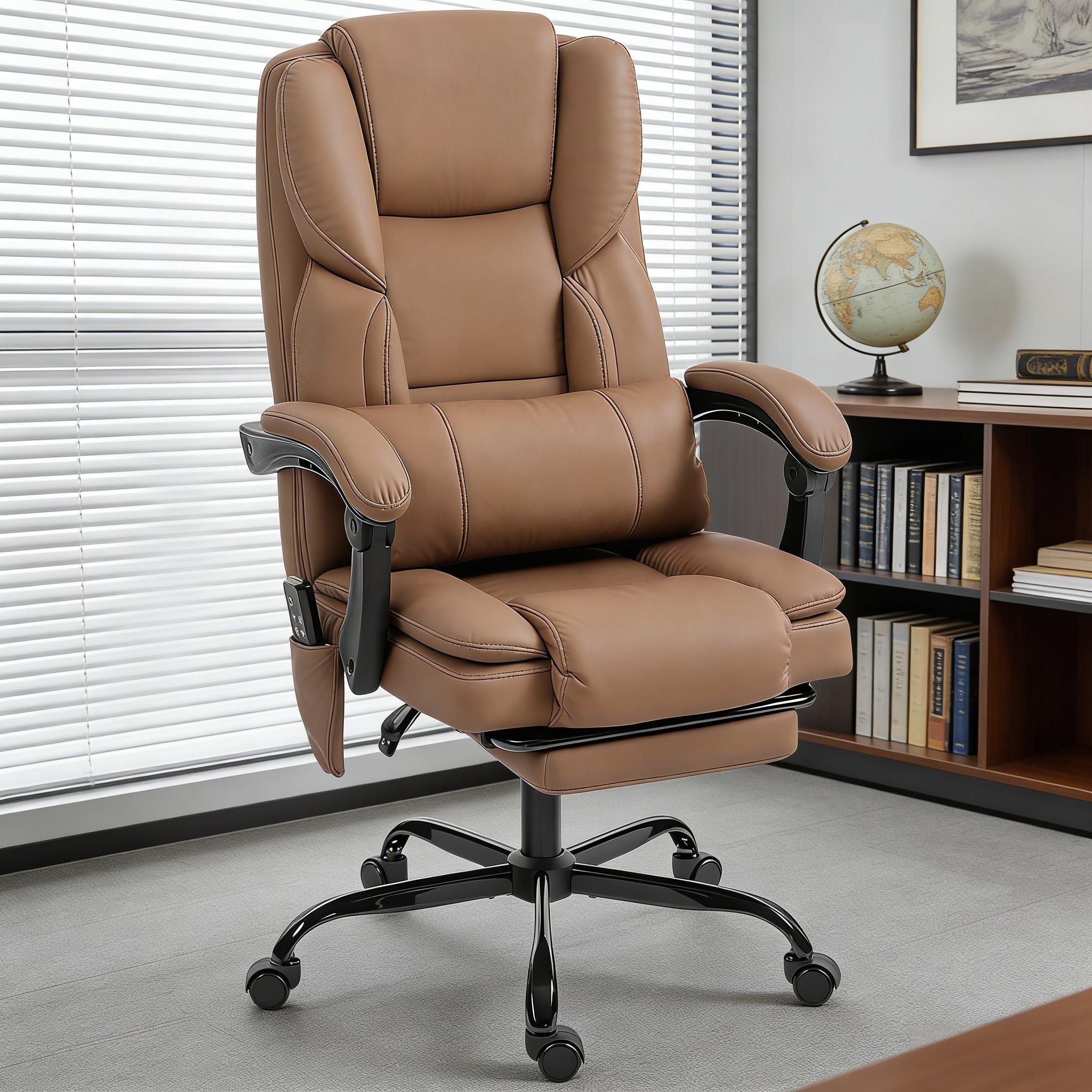 Brown Vegan Leather Office Chair, Massage, Reclining, 264 lb
