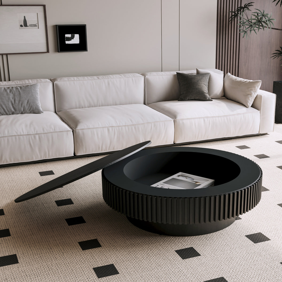 Black Fluted Round Coffee Table with Storage, 39.4 in
