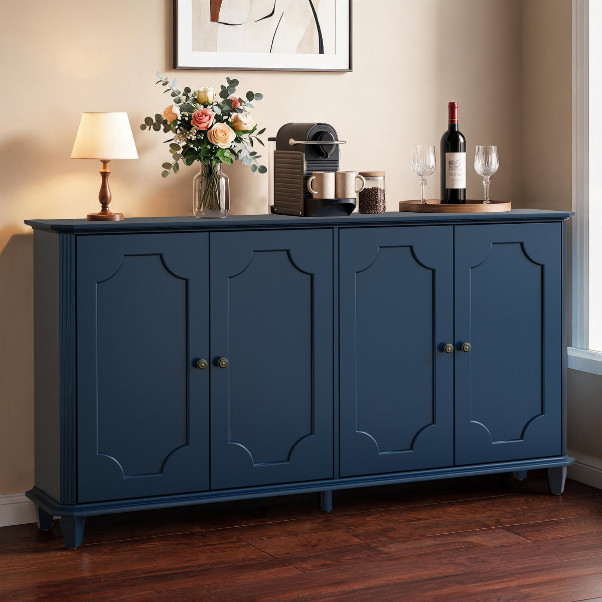 Blue Farmhouse Sideboard Buffet Cabinet, 63 in, 4 Curved-Panel Doors