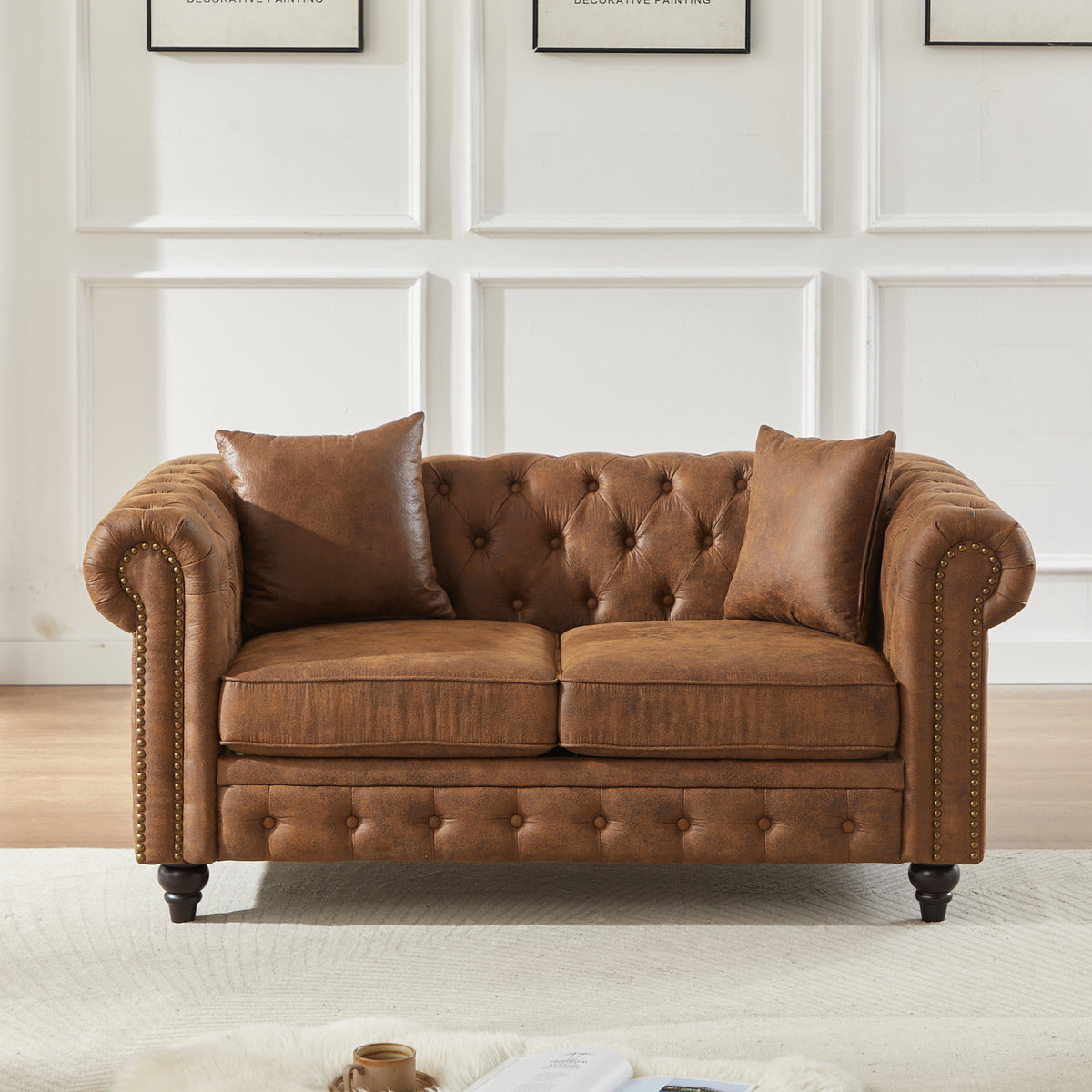 Brown 2-Seat Tufted Chesterfield Sofa, 63.5 in Wide