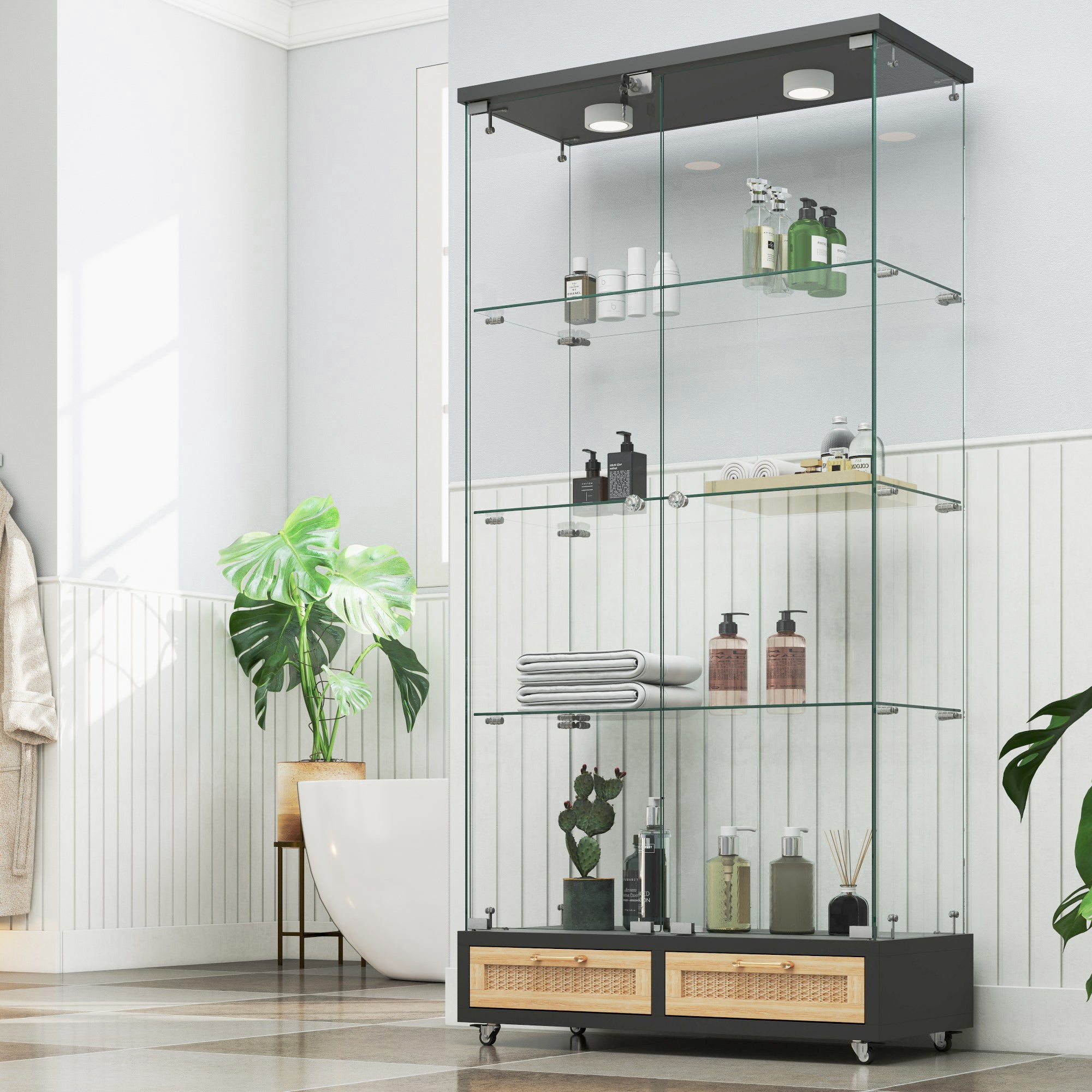 Modern Bookcase, Glass Shelves, 2 Doors, LED Lighting, 65.8 in Tall, Natural