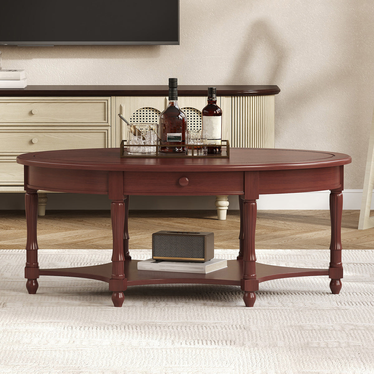 Cherry Solid Wood Oval Coffee Table with Drawer and Shelf, 45 in