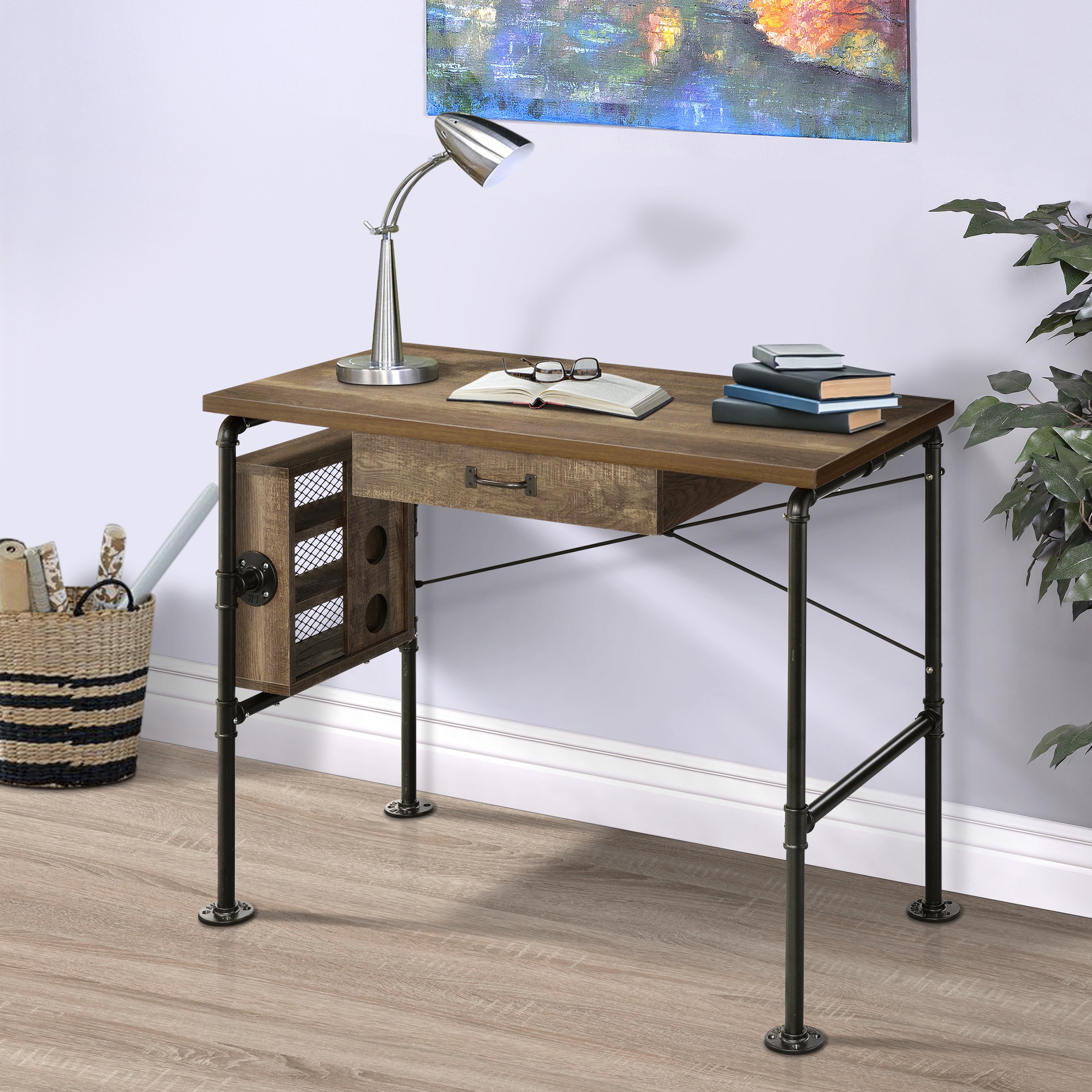 Industrial Writing Desk with Keyboard Tray, 1 Drawer, 39.5 in, Oak