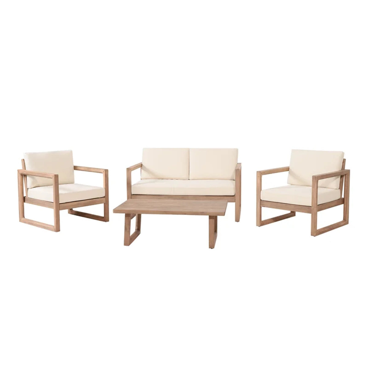 Brown Solid Wood 4-Piece Patio Conversation Set for 4 with Cushions