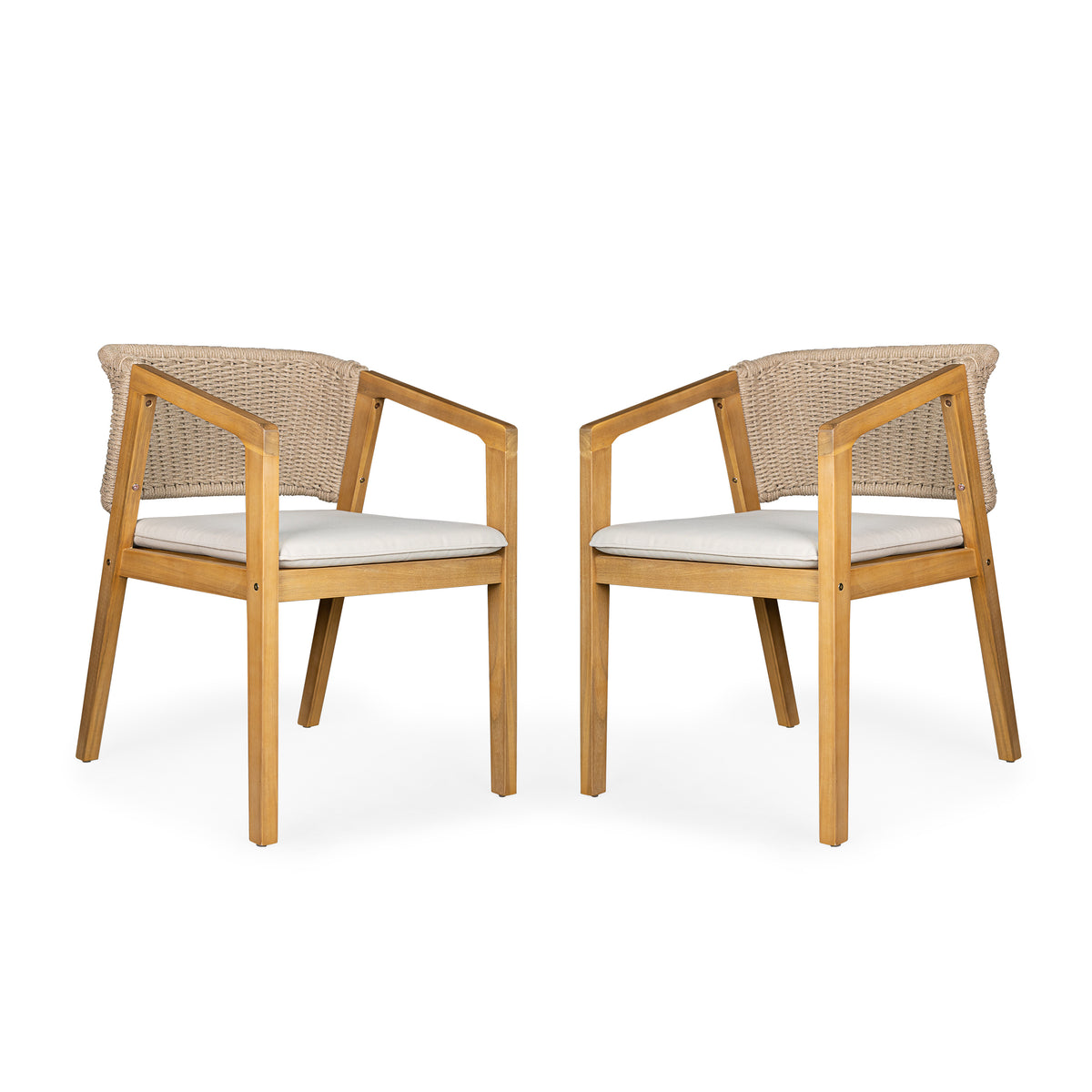 Teak Finish Solid Wood Outdoor Dining Chair, Set of 2, Rope Weave