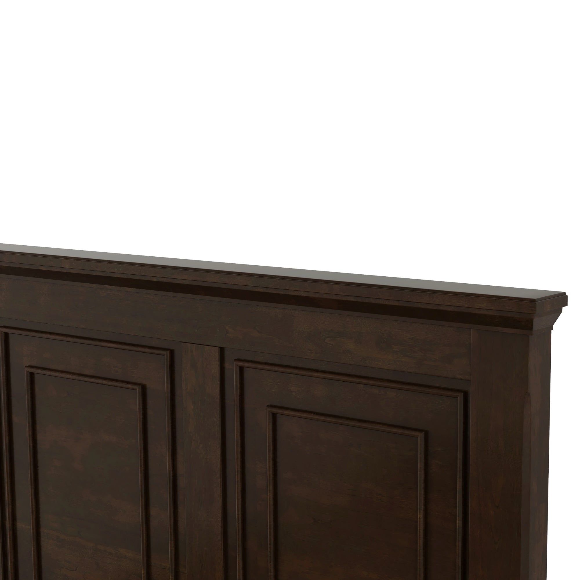 Close-up of the long top rail molding across the brown panel headboard