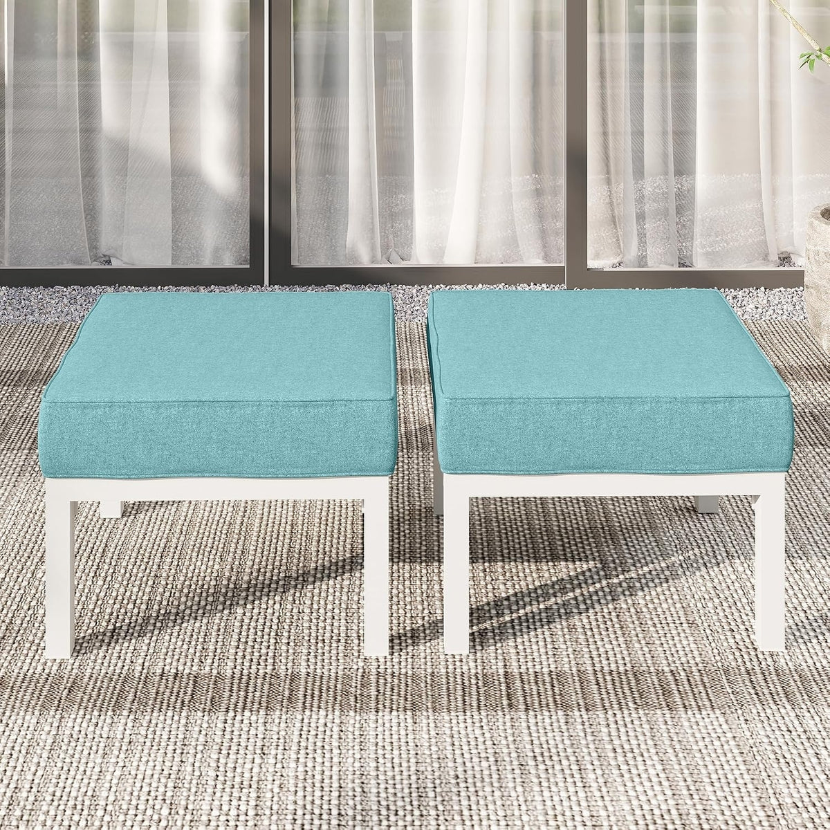 White Aluminum Outdoor Ottoman with Cushions, Set of 2