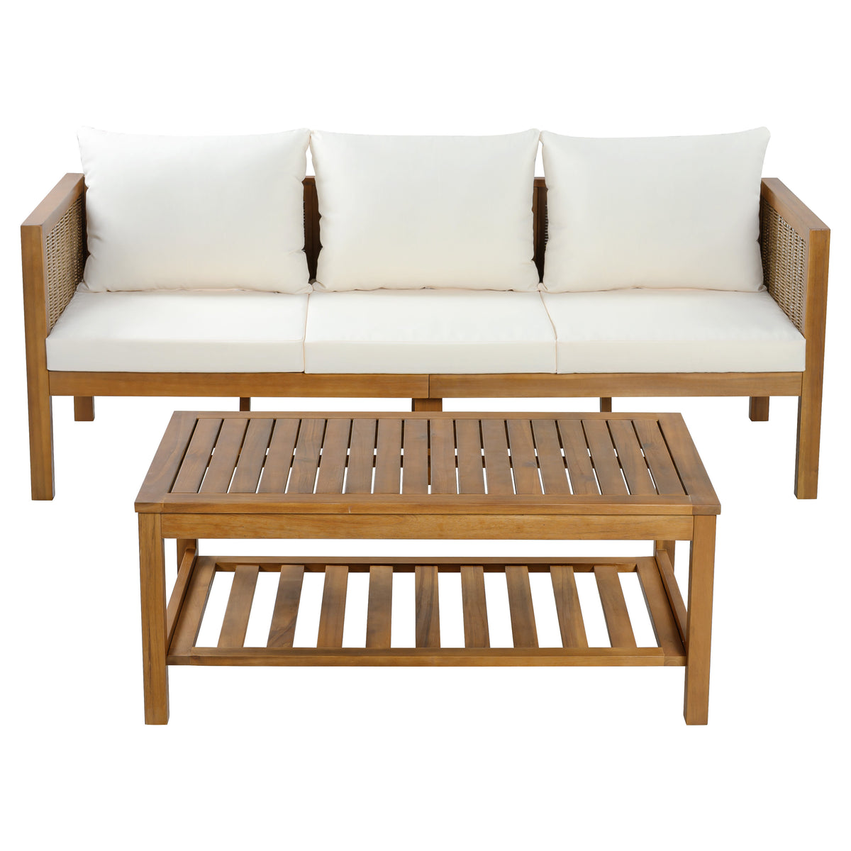 Natural Solid Wood Outdoor Sofa Set for 3 with Beige Cushions