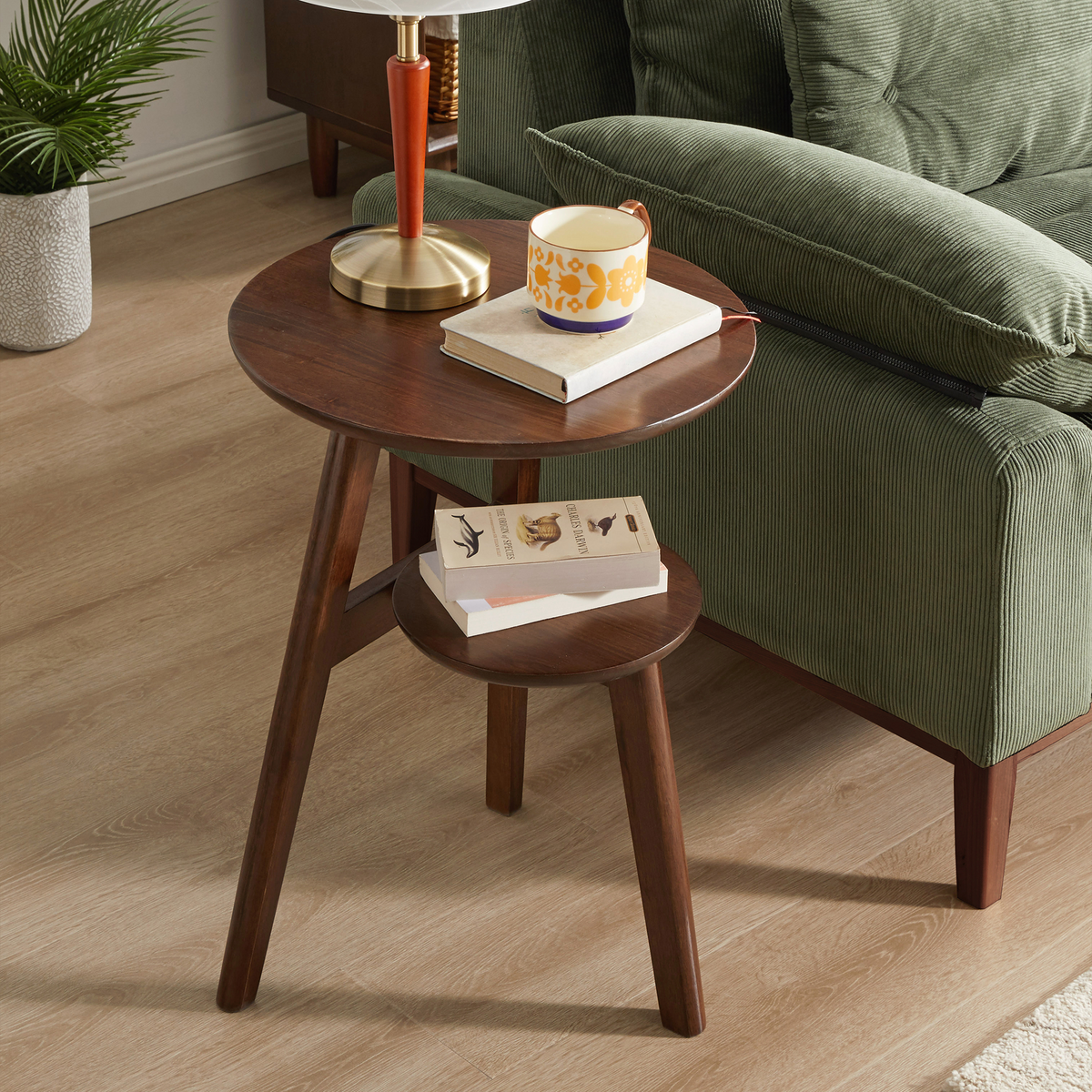 Walnut Solid Wood Round Two-Tier Side Table, 16.5 in