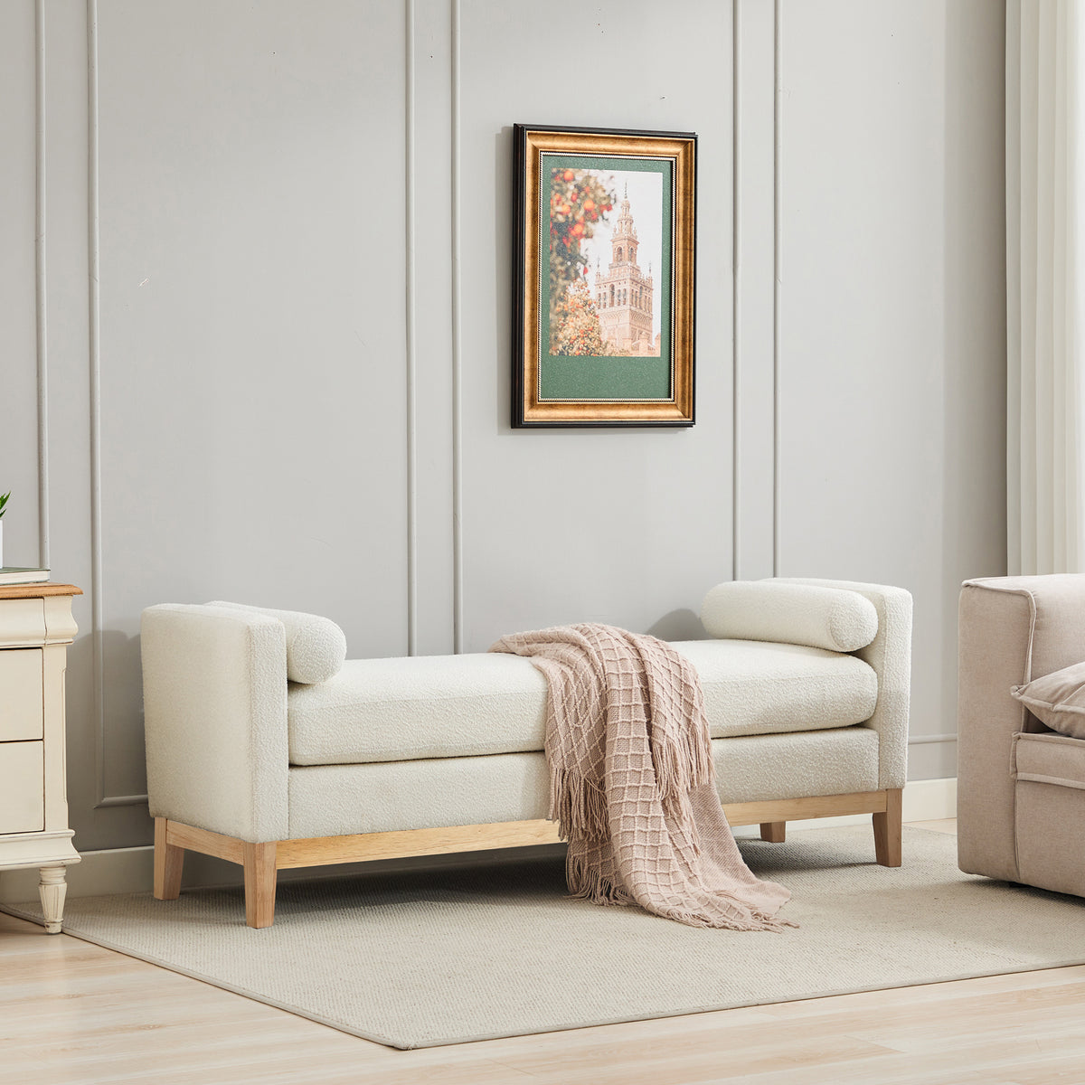 Upholstered Bench, Ivory Boucle, Bolster Arms, Wood Legs