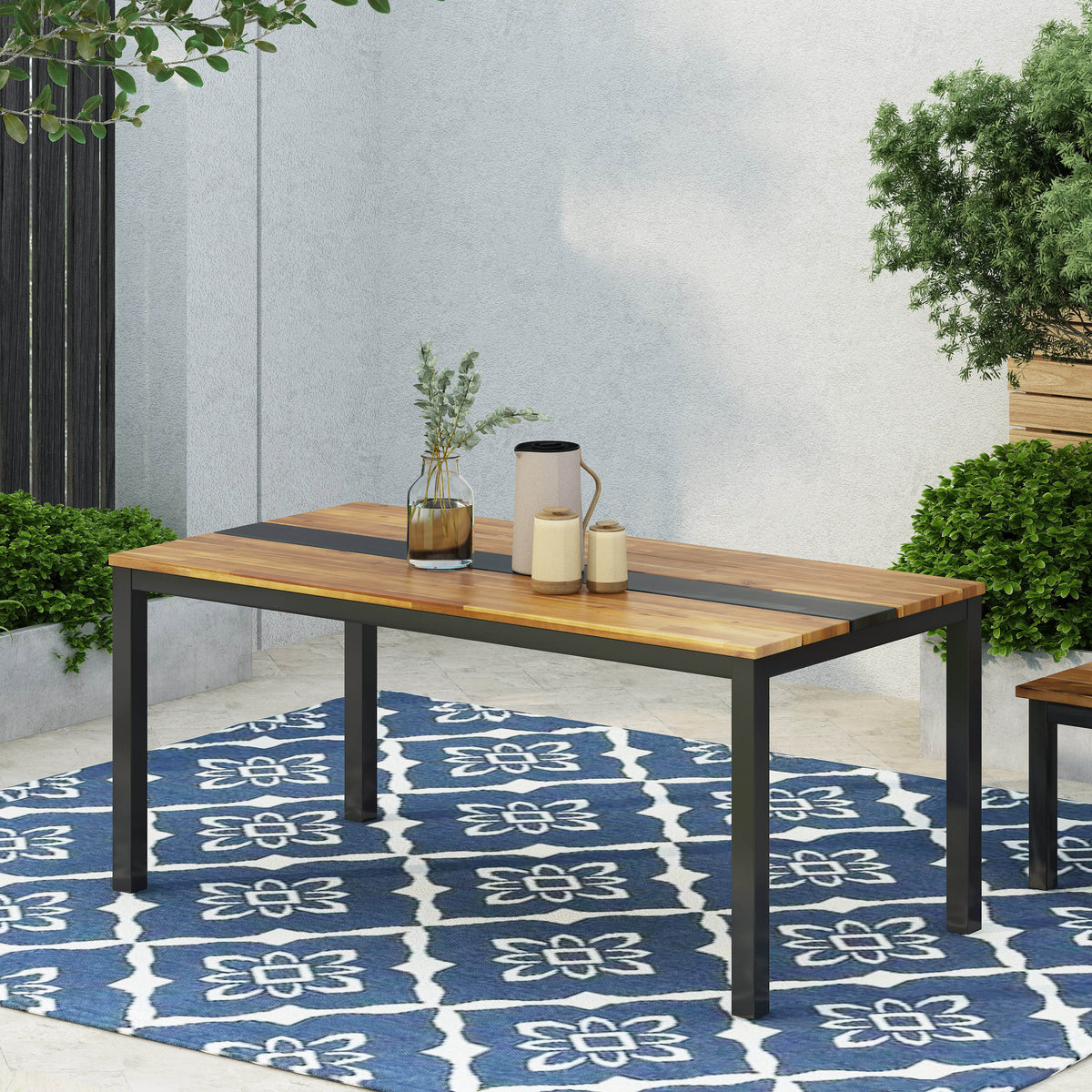 Teak Finish Solid Wood Outdoor Dining Table, 69 in Wide