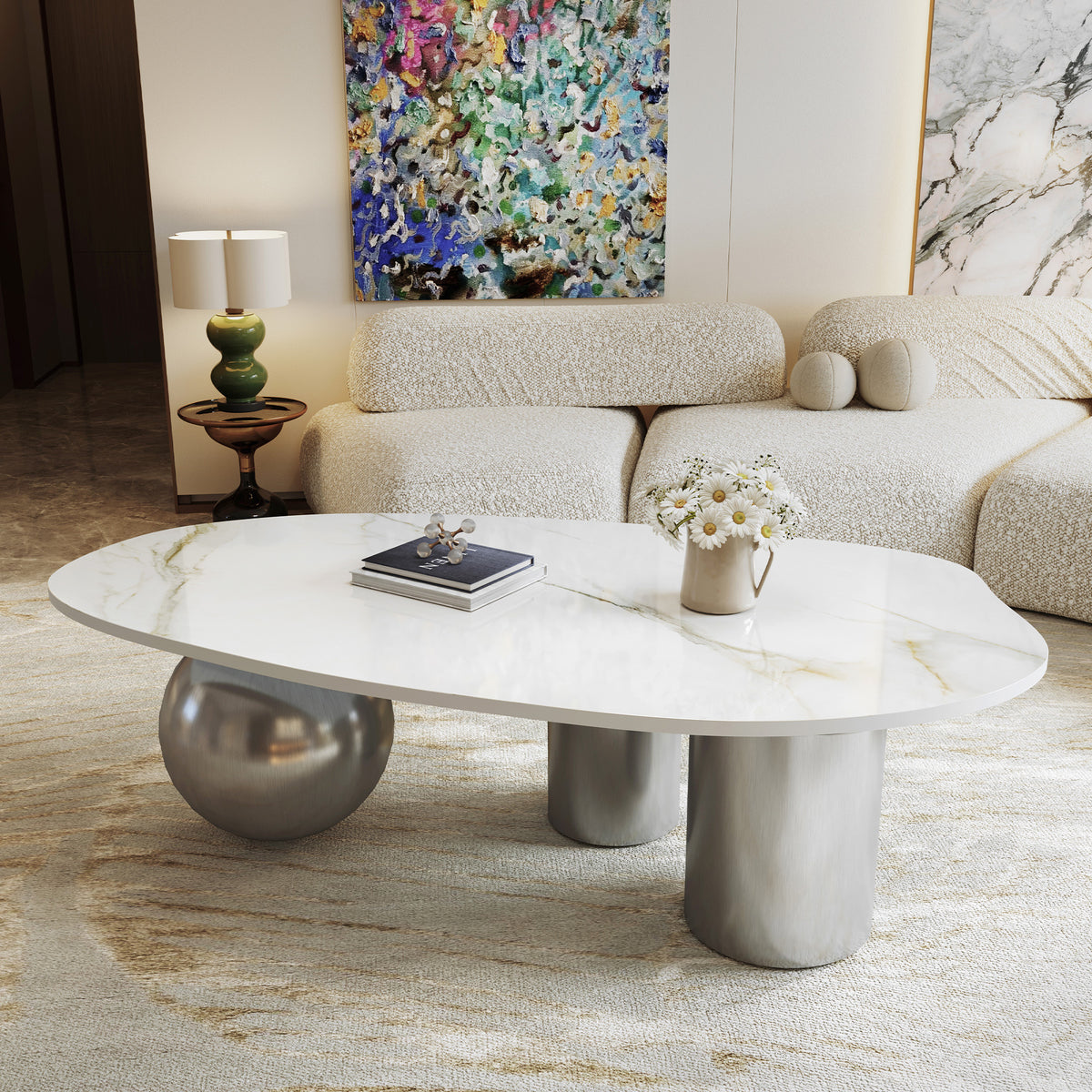 White and Silver Sintered Stone Free-Form Coffee Table, 49.2 in