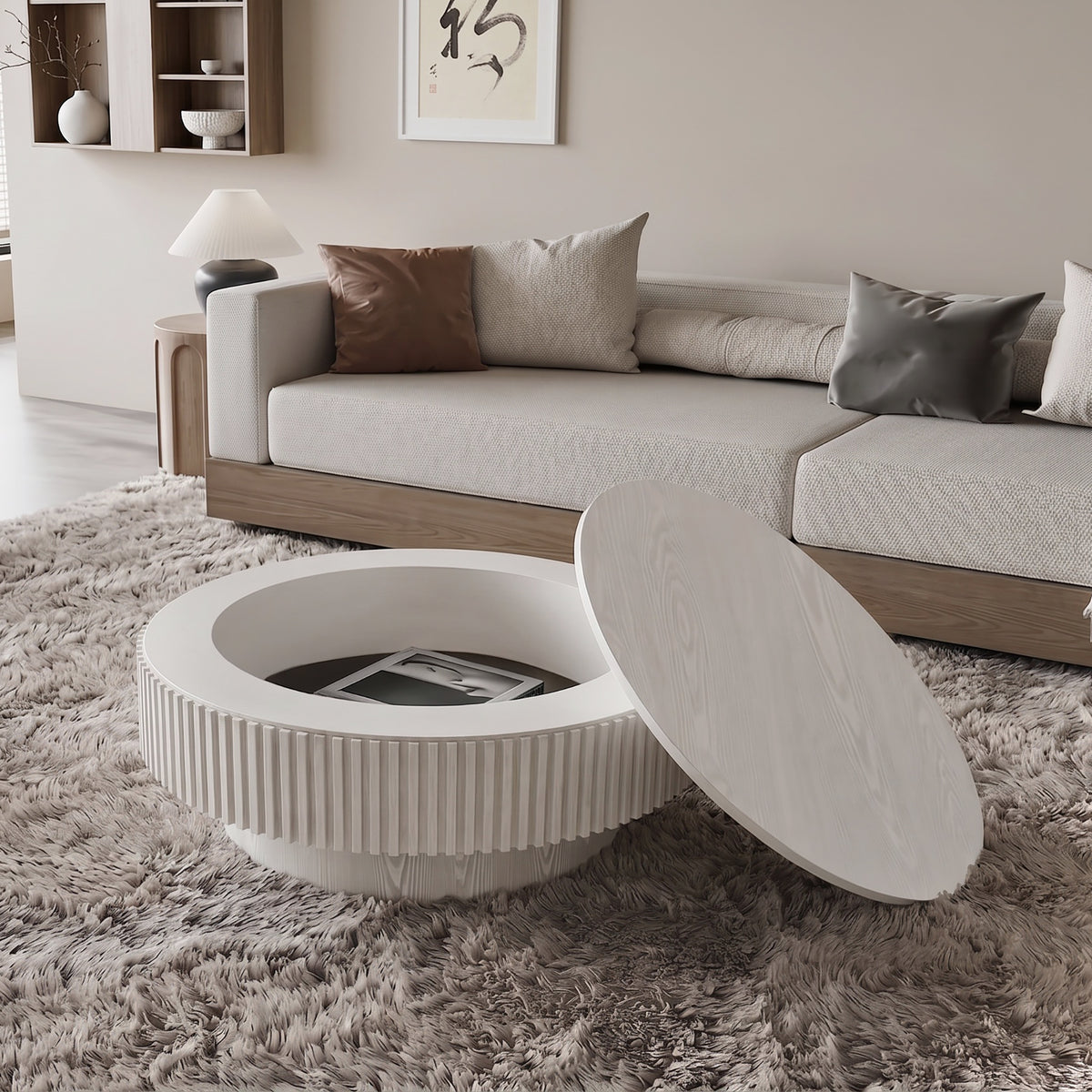 White Fluted Round Drum Coffee Table with Storage, 31.5 in