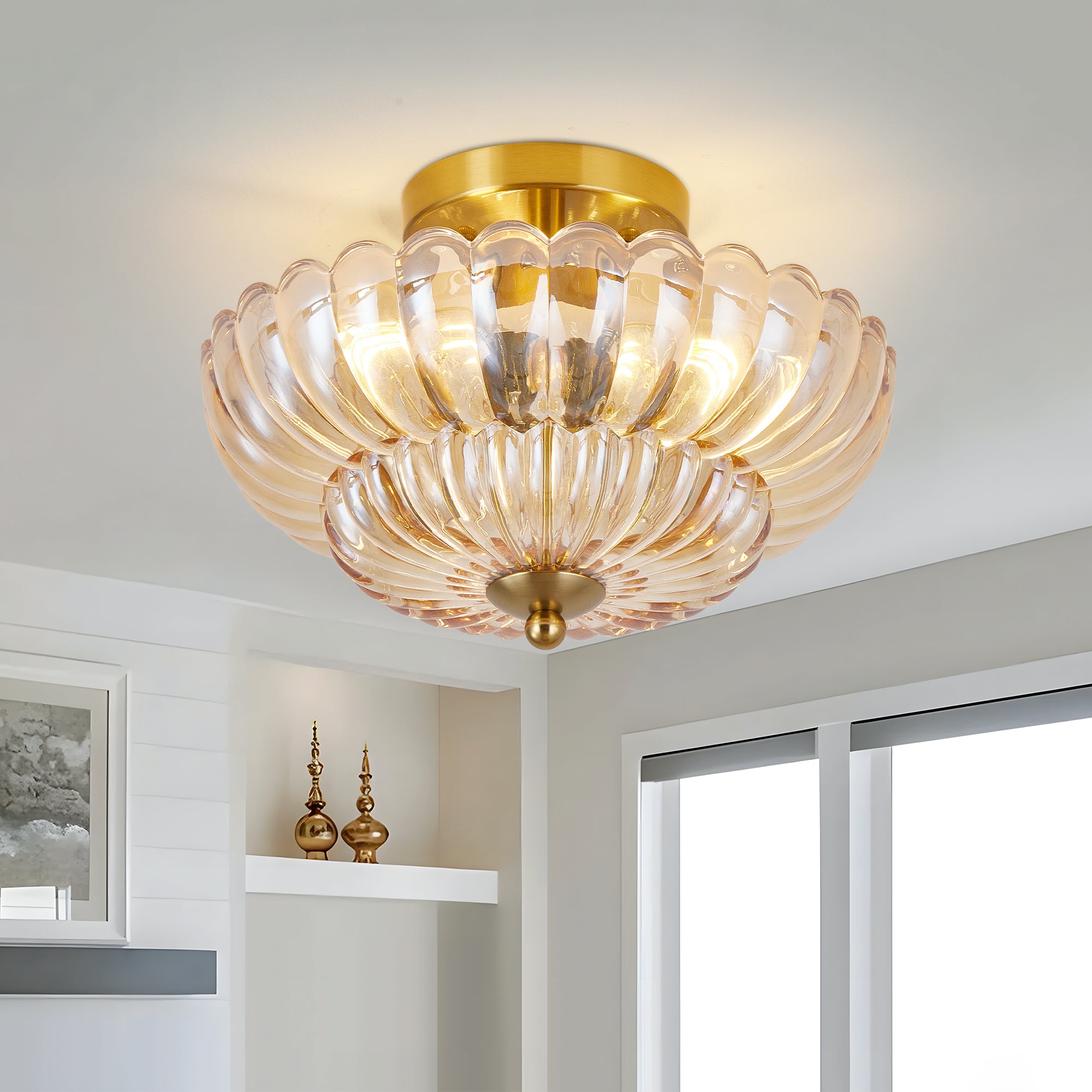 Semi-Flush Mount Light, 3-Light Flower Glass Shade, Amber