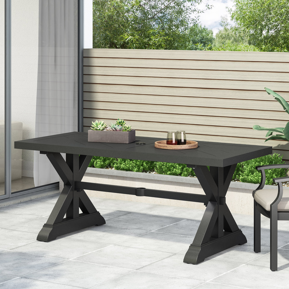 Black Aluminum Outdoor Dining Table, 70.5 in Wide