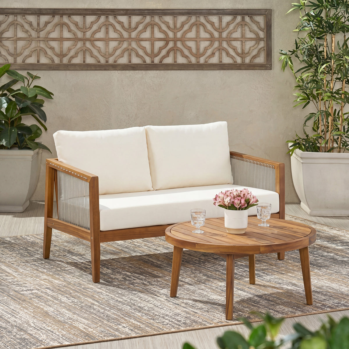 Teak Finish Solid Wood Outdoor Sofa Set, Beige Cushion