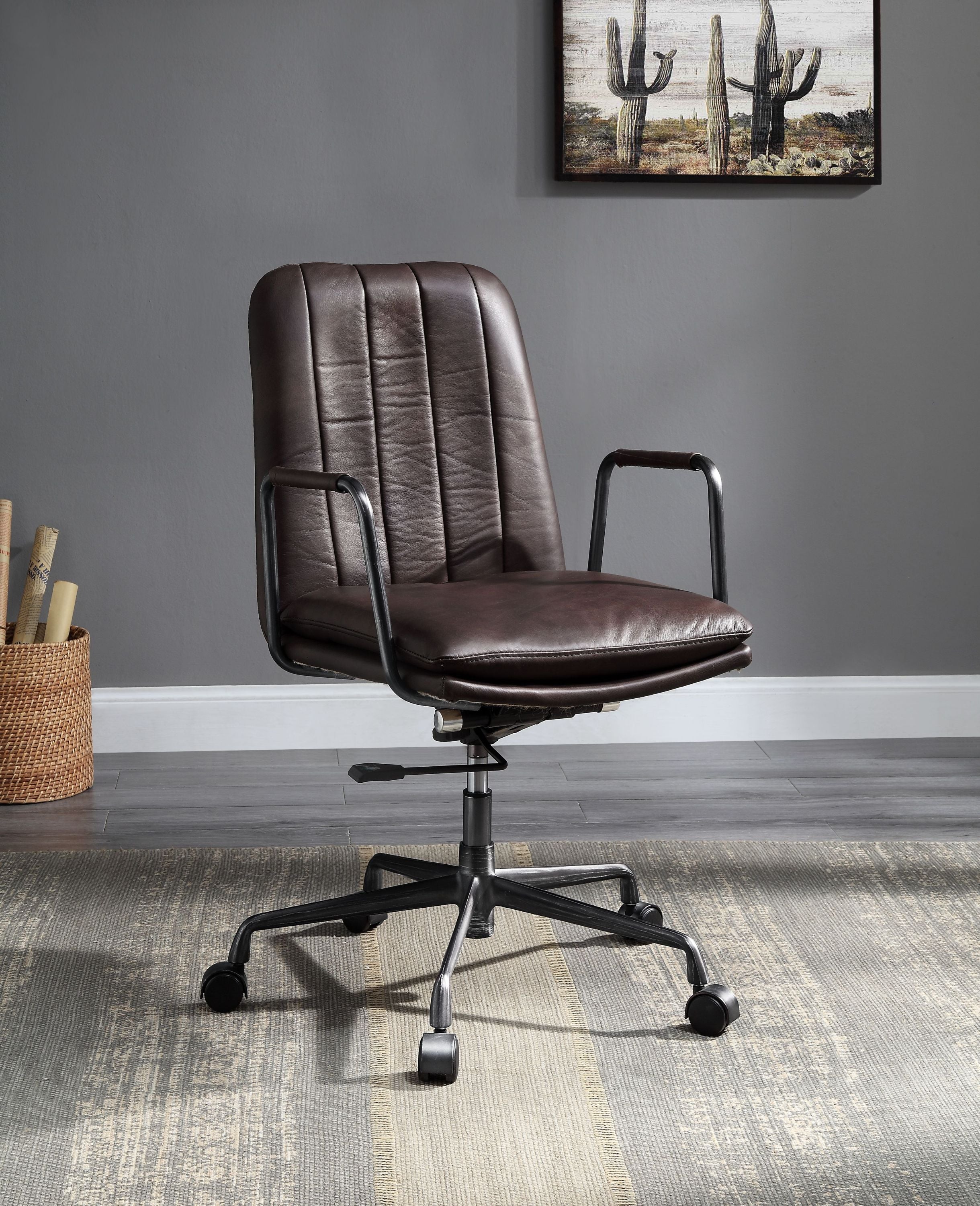Dark Brown Top Grain Leather Office Chair, Height Adjustable, 220 lb