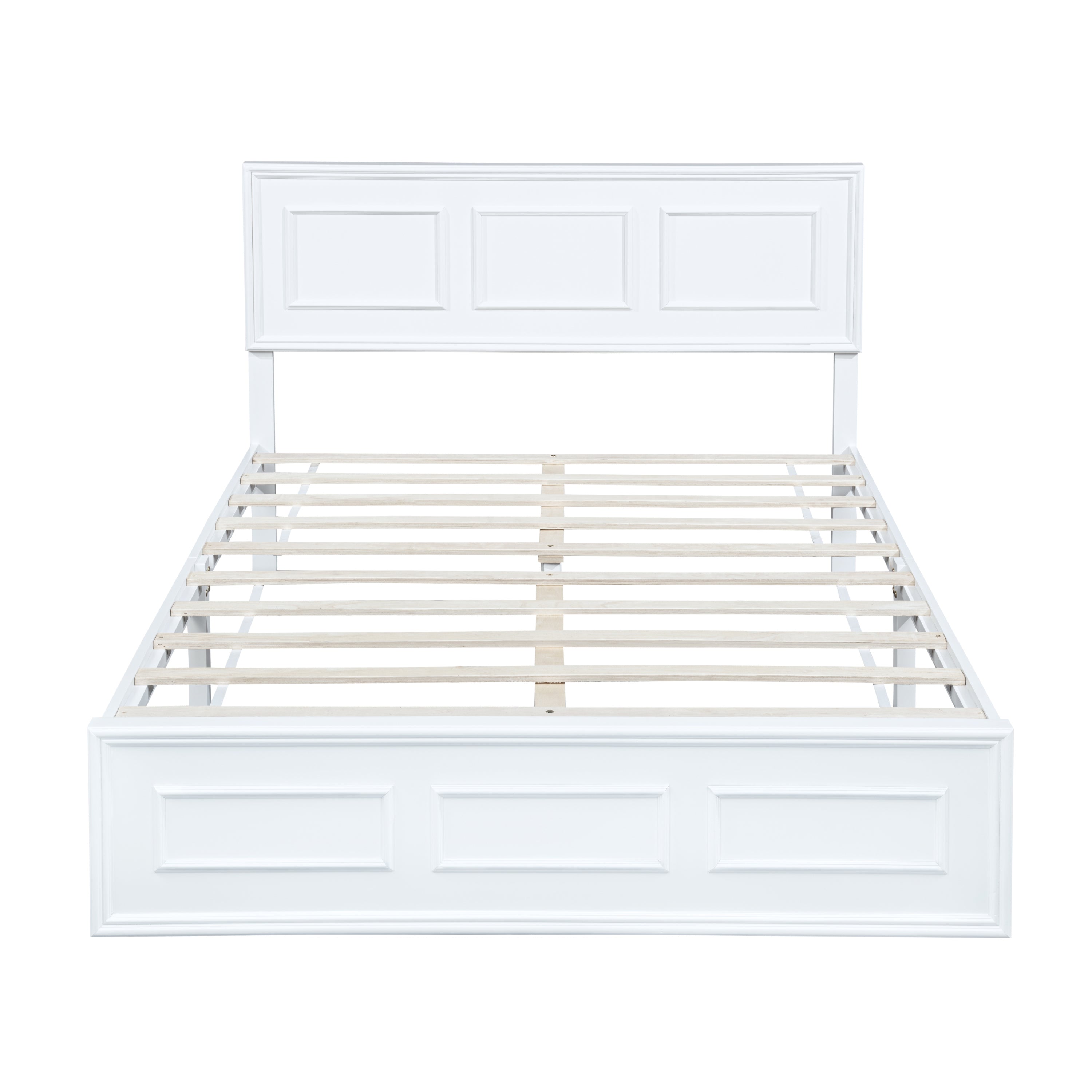 Bare white queen bed frame, front view, wood-slat platform with panel headboard and footboard #Color_White