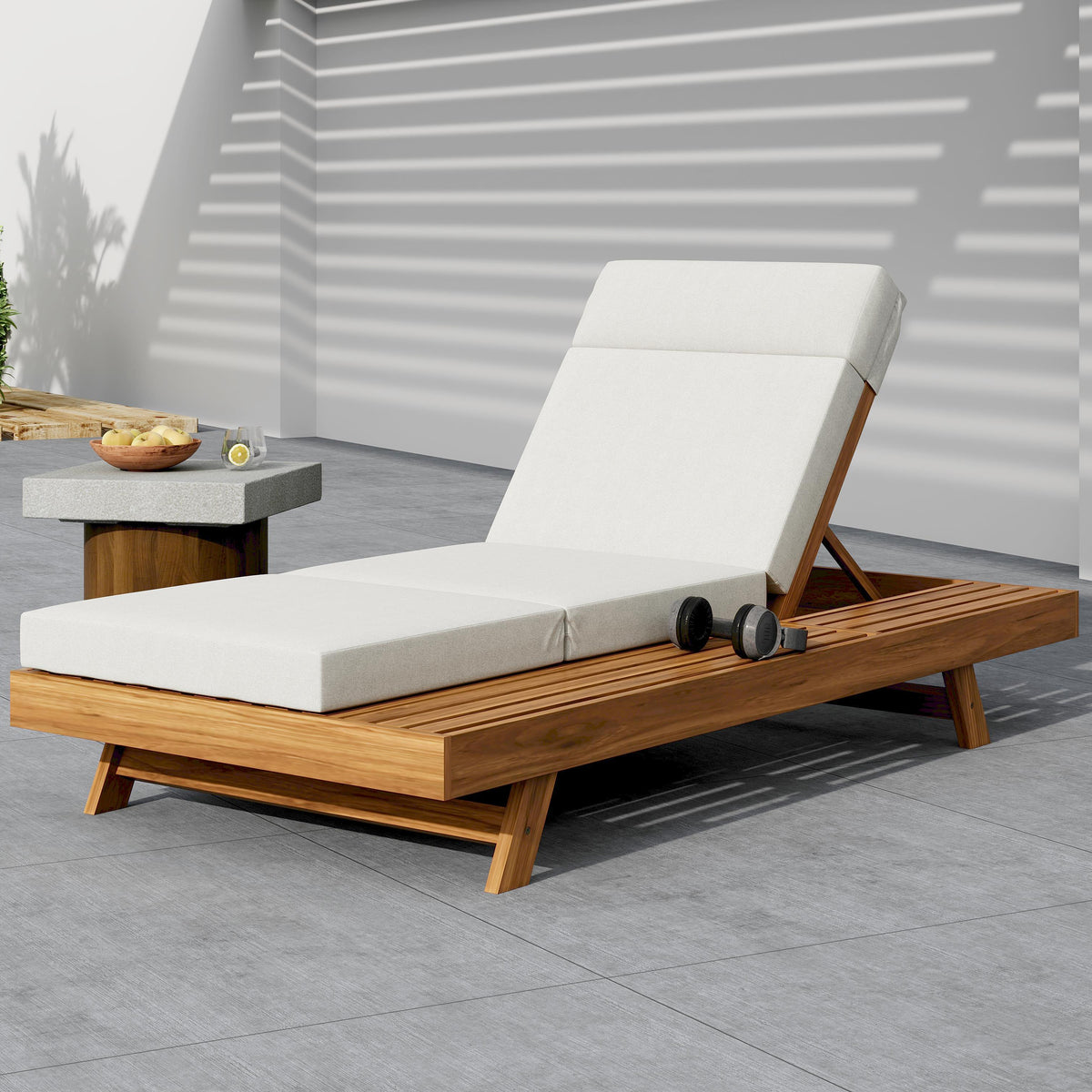 Teak Finish Solid Wood Outdoor Chaise Lounge, Cream Cushion, 3-Fold Cushion