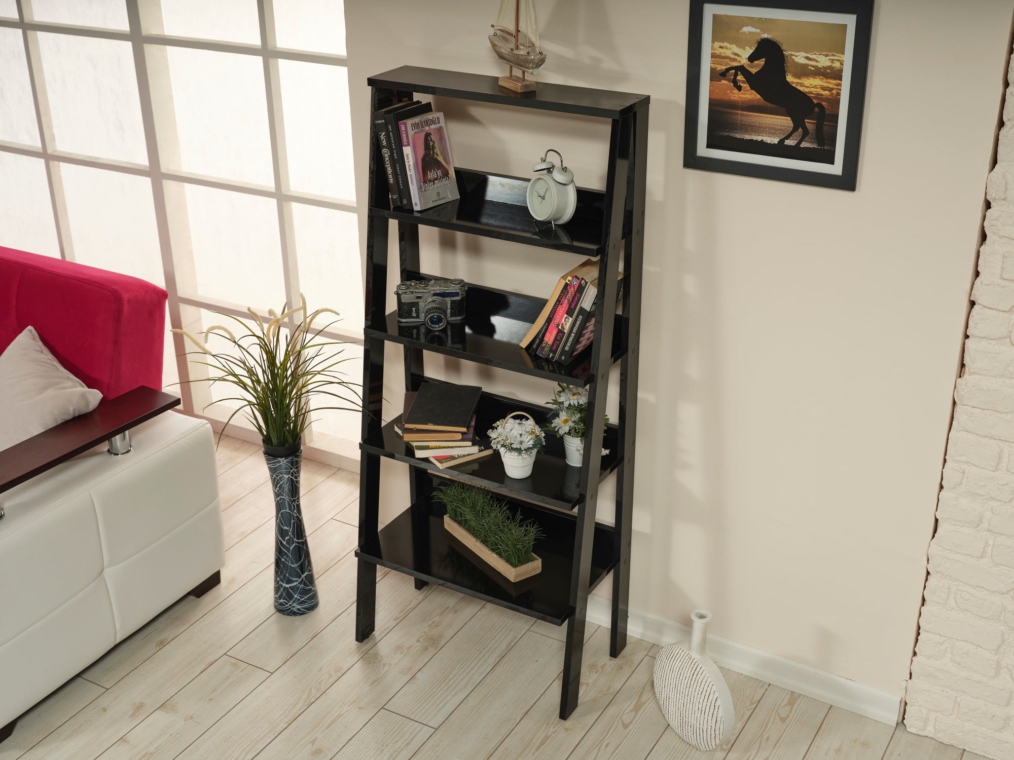 Modern Solid Wood Bookcase, 5 Shelves, 55 in Tall, Black